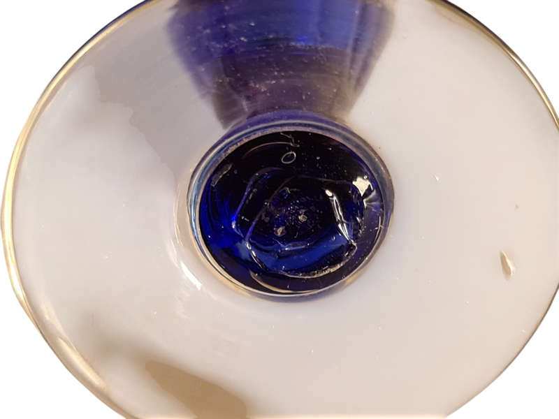 1870s FREE BLOWN COBALT BLUE GLASS MINIATURE VASE WITH APPLIED HANDLES PONTILED