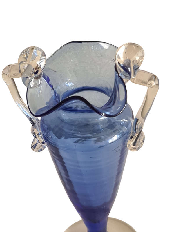 1870s FREE BLOWN COBALT BLUE GLASS MINIATURE VASE WITH APPLIED HANDLES PONTILED