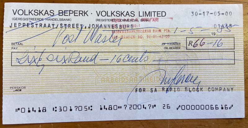 CHEQUE BANK VOLKSKAS LIMITED BEPERK JEPPE STREET JOHANNESBURG 1985 KLIPTOWN POSTMASTER GENERAL 1 May