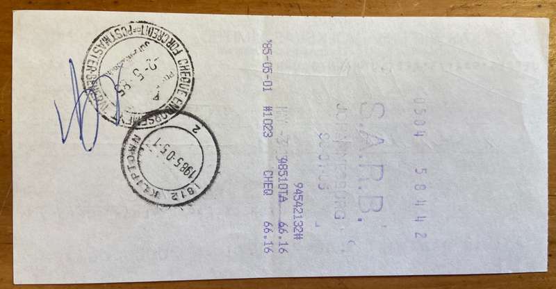 CHEQUE BANK VOLKSKAS LIMITED BEPERK JEPPE STREET JOHANNESBURG 1985 KLIPTOWN POSTMASTER GENERAL 1 May