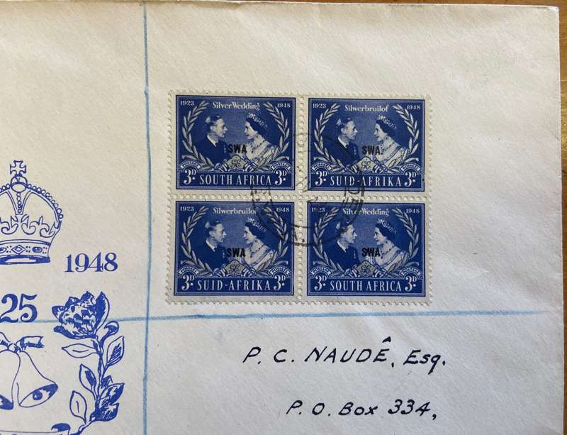 SOUTH WEST AFRICA ovpt SILVER WEDDING of KING GEORGE VI 1948 COVER REGISTERED MAIL to PRETORIA, TVL.