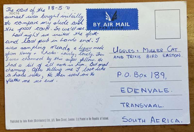 POSTCARD POST CARD UNITED KINGDOM LAND'S END CORNWALL COLOUR to Edenvale, Tvl, South Africa.