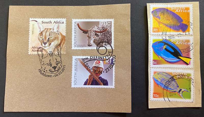 REPUBLIC of SOUTH AFRICA  x 6 used STAMPS on Piece - SACC 1293, 1294, 1303, 2111, 2114, 2163.