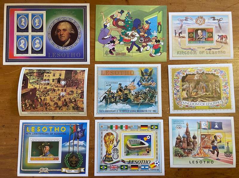 LESOTHO - 9 x Miniature Sheets - UM WEDGWOOD MICKET MOUSE BREUGHEL SCOUT WASHINGTON WORLD CUP SPORT