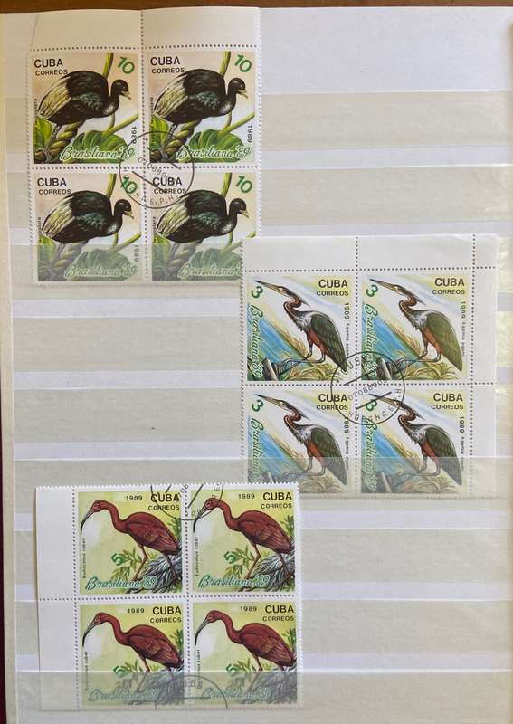 CUBA BIRDS - 1989 - 3 x Blks of 4 - BRASILIANA STAMP EXHIBITION - HERON - IBIS - TRUMPETER - USED.