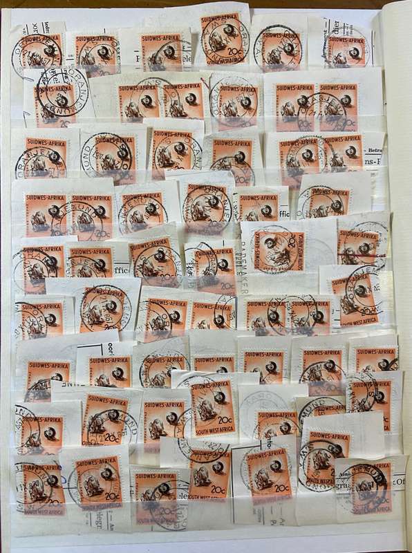 SOUTH WEST AFRICA POSTMARKS on piece x 52  (SWA) mostly ORANJEMUND - 20 cent SACC 211 TOPAZ - 1961