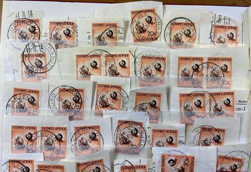 SOUTH WEST AFRICA POSTMARKS on piece x 52  (SWA) mostly ORANJEMUND - 20 cent SACC 211 TOPAZ - 1961