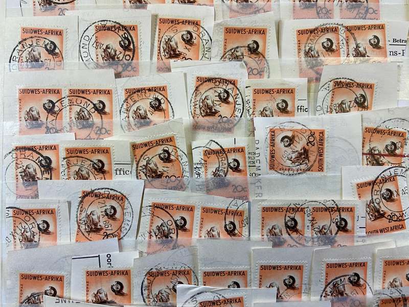 SOUTH WEST AFRICA POSTMARKS on piece x 52  (SWA) mostly ORANJEMUND - 20 cent SACC 211 TOPAZ - 1961