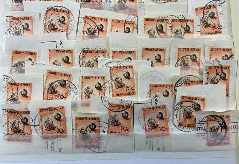 SOUTH WEST AFRICA POSTMARKS on piece x 52  (SWA) mostly ORANJEMUND - 20 cent SACC 211 TOPAZ - 1961
