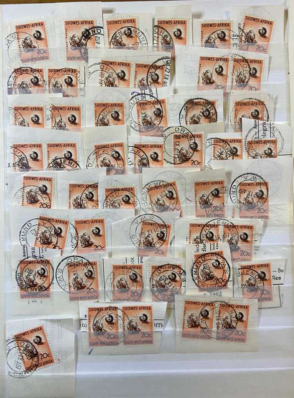 SOUTH WEST AFRICA POSTMARKS on piece x 40  (SWA) mostly ORANJEMUND - 20 cent SACC 211 TOPAZ - 1961