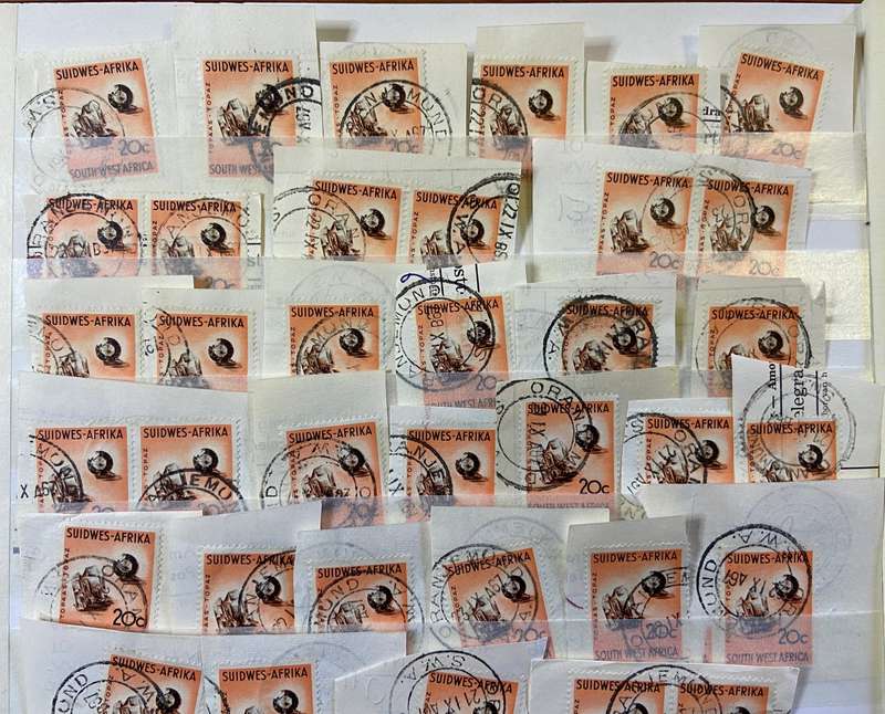 SOUTH WEST AFRICA POSTMARKS on piece x 40  (SWA) mostly ORANJEMUND - 20 cent SACC 211 TOPAZ - 1961