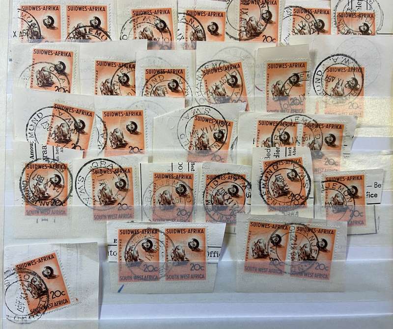 SOUTH WEST AFRICA POSTMARKS on piece x 40  (SWA) mostly ORANJEMUND - 20 cent SACC 211 TOPAZ - 1961