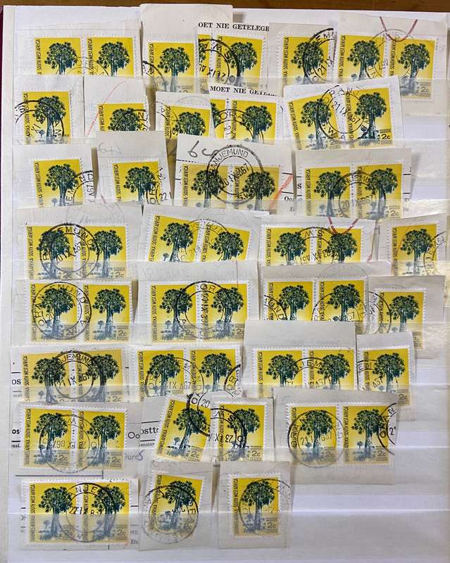 SOUTH WEST AFRICA POSTMARKS on piece x 33  (SWA) mostly ORANJEMUND - 2c SACC 202 QUIVER TREE - 1961