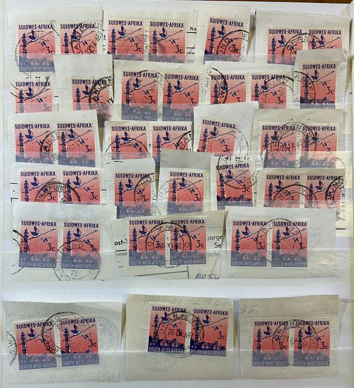 SOUTH WEST AFRICA POSTMARKS on piece x 24 (SWA) ORANJEMUND - 3c SACC 204 SWAKOPMUND LIGHTHOUSE -1961