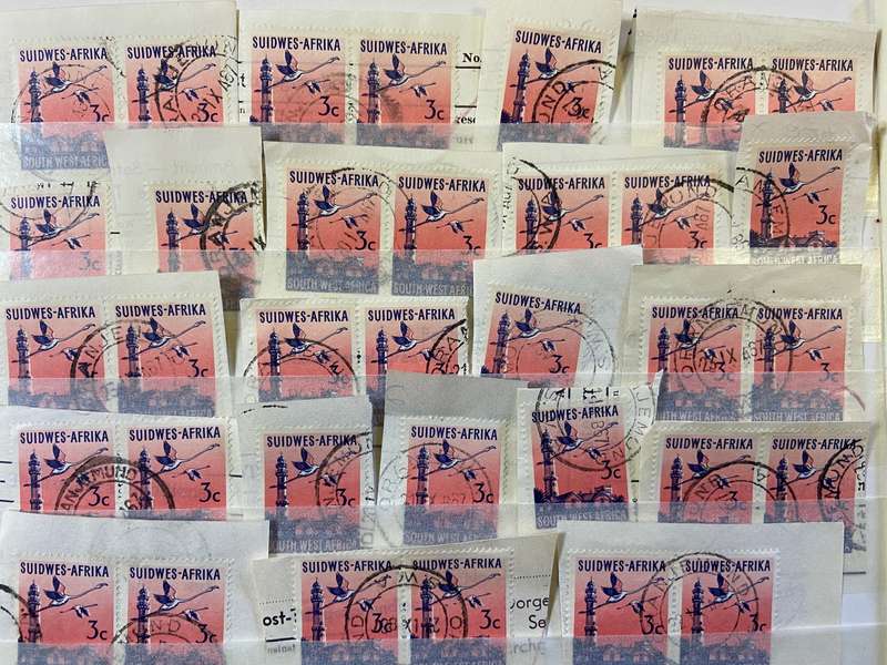 SOUTH WEST AFRICA POSTMARKS on piece x 24 (SWA) ORANJEMUND - 3c SACC 204 SWAKOPMUND LIGHTHOUSE -1961