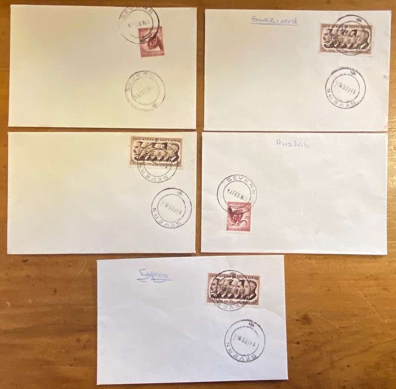 POSTMARKS x 5 - SEVERN - CAPE - 1956-72 - 1st Day cancel of SACC 185 & 188 14th February 1961.