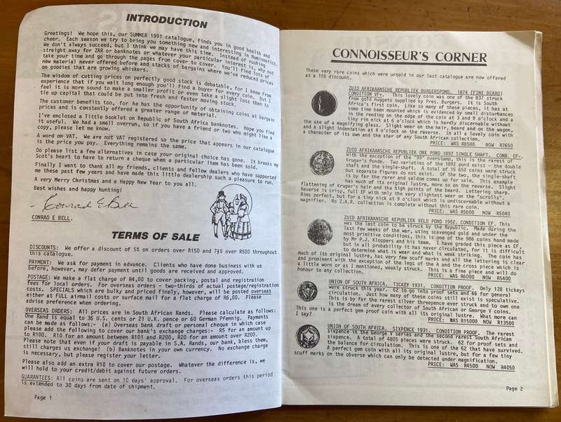 NUMIS AFRICANA - GOOD HOPE COINS - Cape Town - 1991 CATALOGUE No. 12 - 38 pages.
