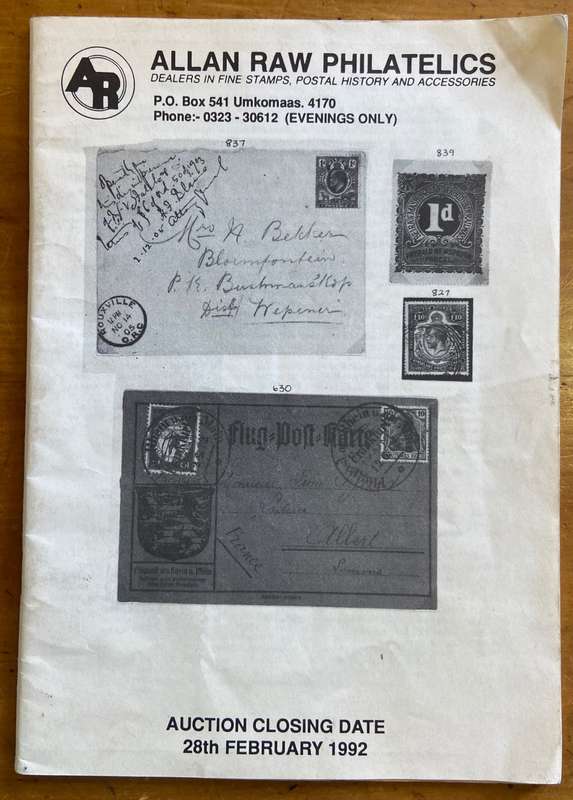 ALLAN RAW PHILATELICS AUCTION CATALOGUE - FEB 1992 - UMKOMAAS KWAZULZU-NATAL- 49 pages.