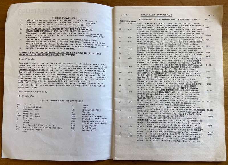 ALLAN RAW PHILATELICS AUCTION CATALOGUE - FEB 1992 - UMKOMAAS KWAZULZU-NATAL- 49 pages.
