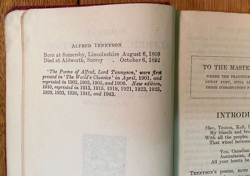 POEMS of ALFRED, LORD TENNYSON 1830-1865 INTRODUCTION BY SIR HERBERT WARREN "THE WORLD'S CLASSICS"