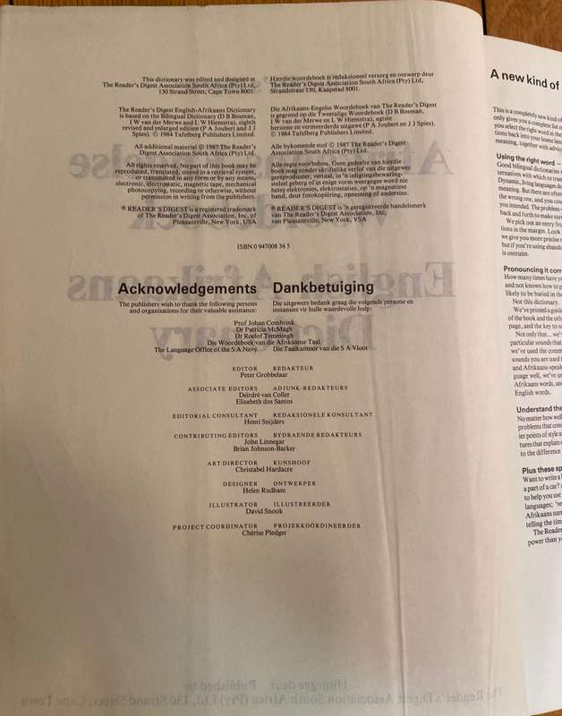 AFRIKAANS - ENGELSE - WOORDEBOEK - ENGLISH - AFRKAANS - DICTIONARY - READER'S DIGEST - 1984/7.