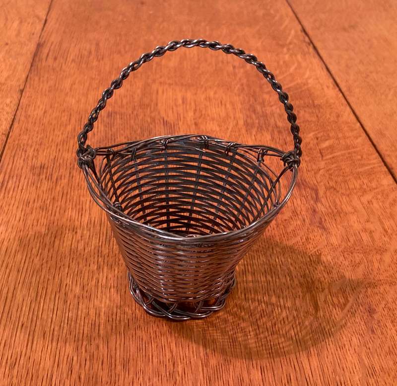 Silvered Metal ORNAMENTAL WOVEN BASKET with HANDLE.