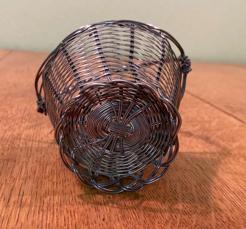 Silvered Metal ORNAMENTAL WOVEN BASKET with HANDLE.