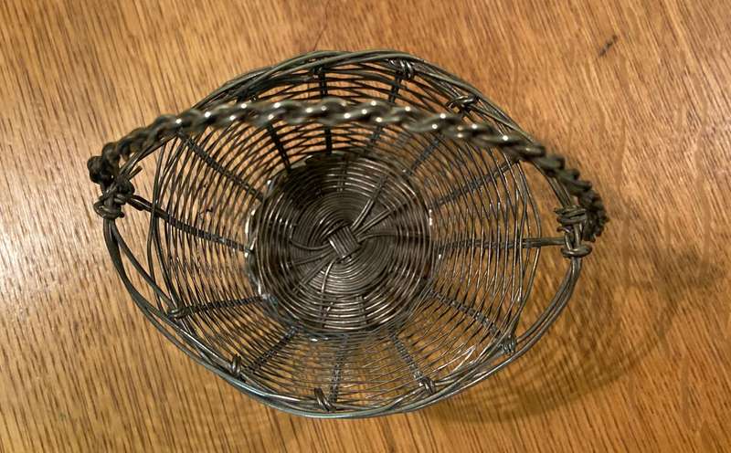 Silvered Metal ORNAMENTAL WOVEN BASKET with HANDLE.