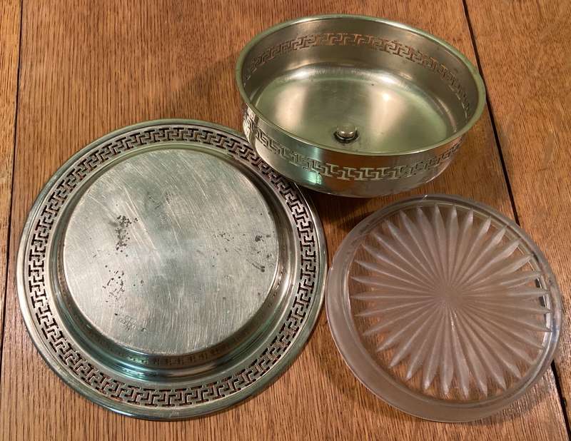 EPNS butterdish with glass liner by P.F.J. Initials Maker - VINTAGE