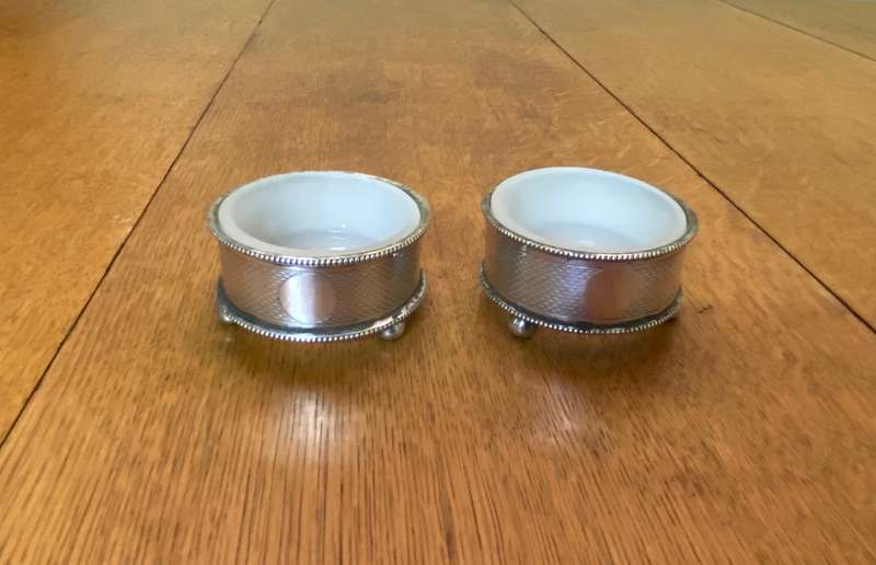 OPEN SALT POTS  Balled feet x pair (2)  SILVER PLATED  MILK GLASS LINERS