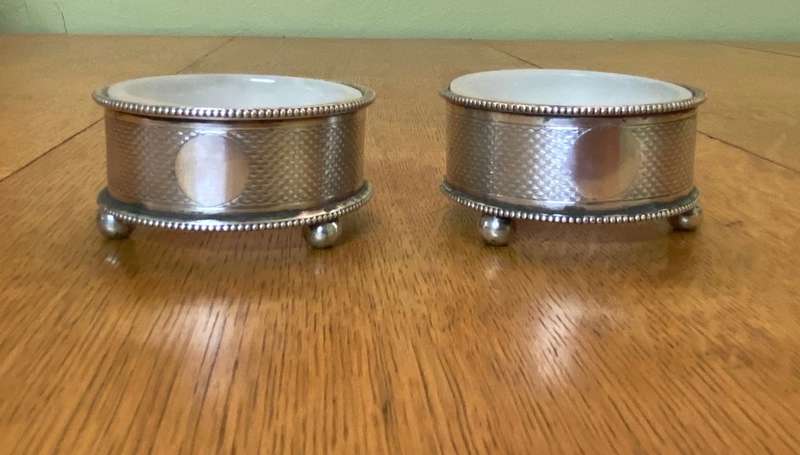 OPEN SALT POTS  Balled feet x pair (2)  SILVER PLATED  MILK GLASS LINERS