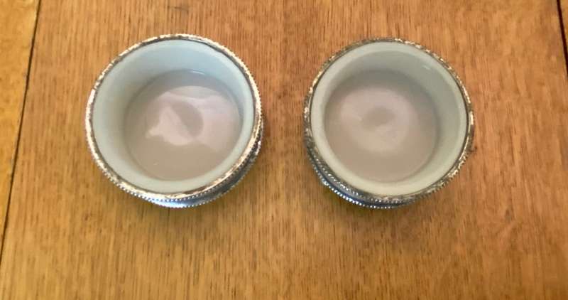 OPEN SALT POTS  Balled feet x pair (2)  SILVER PLATED  MILK GLASS LINERS