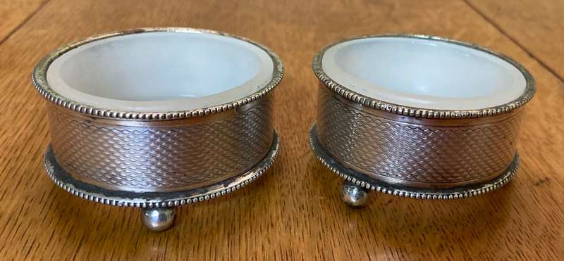 OPEN SALT POTS  Balled feet x pair (2)  SILVER PLATED  MILK GLASS LINERS