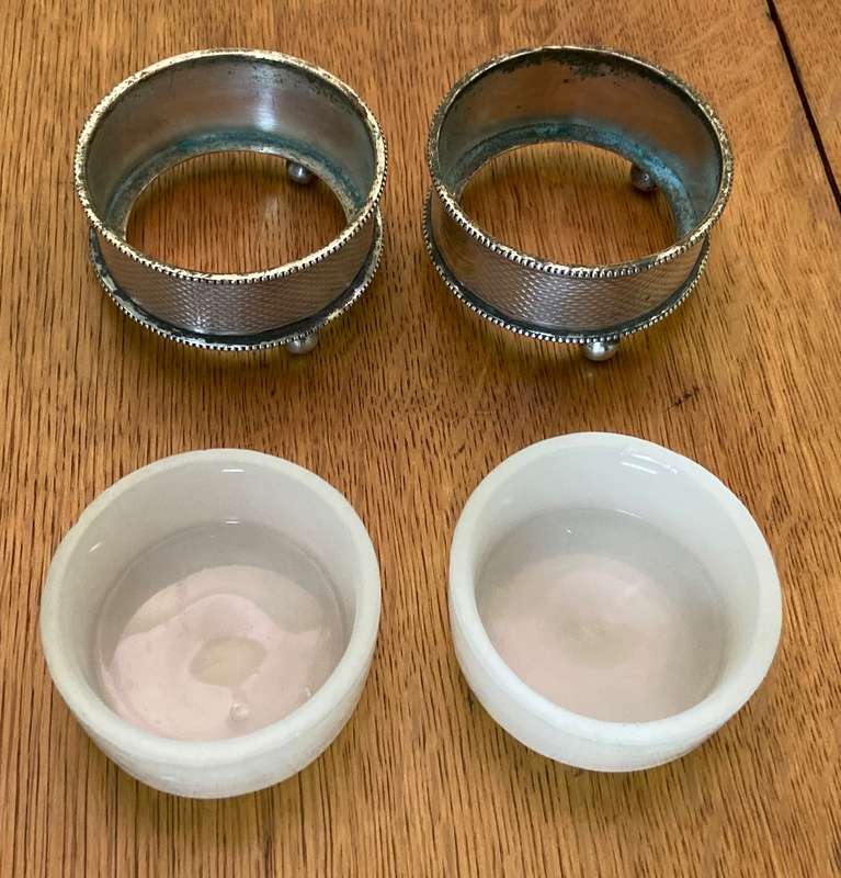 OPEN SALT POTS  Balled feet x pair (2)  SILVER PLATED  MILK GLASS LINERS