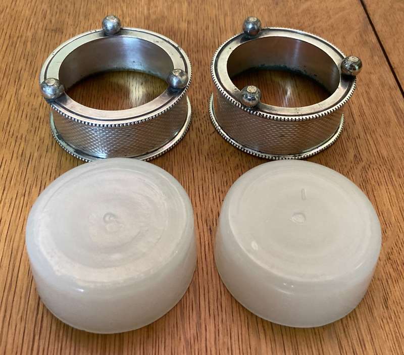 OPEN SALT POTS  Balled feet x pair (2)  SILVER PLATED  MILK GLASS LINERS