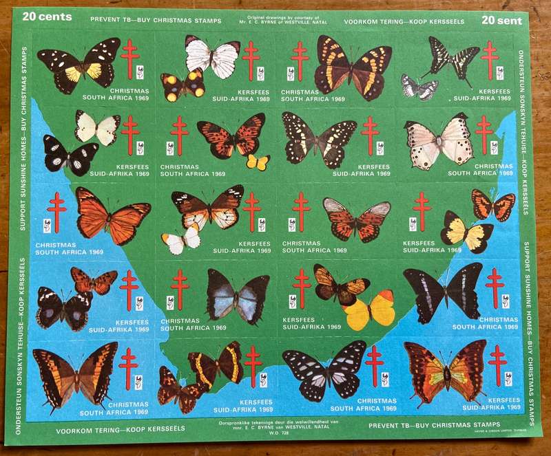 CHRISTMAS STAMPS SHEET 1969 RSA KERSFEES PREVENT TB 20c CINDERELLA BUTTERFLIES by E.C BYRNE SPRINBOK
