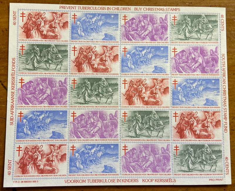 CHRISTMAS STAMPS SHEET RSA KERSFEES 1986 PREVENT TB in CHILDREN 40c CINDERELLAS RELIGION JESUS BORN.