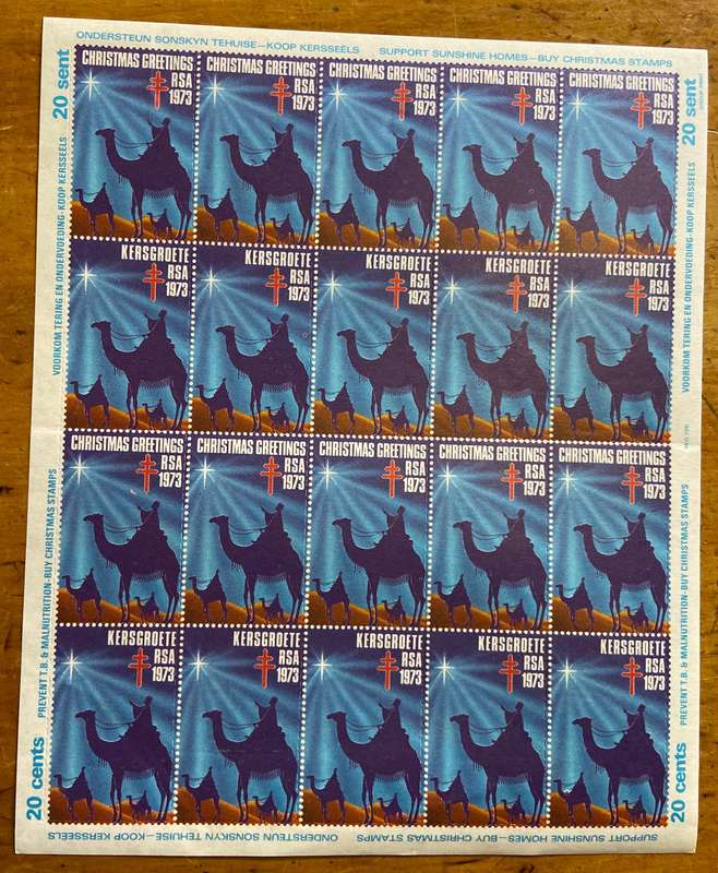CHRISTMAS GREETINGS STAMPS SHEET RSA KERSGROETE 1973 PREVENT TB MALNUTRITIONSUPPORT SUNSHINE HOMES