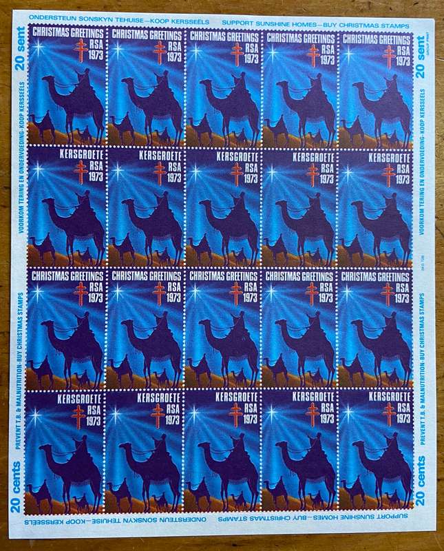 CHRISTMAS GREETINGS STAMPS SHEET RSA KERSGROETE 1973 PREVENT TB MALNUTRITION SUPPORT SUNSHINE HOMES