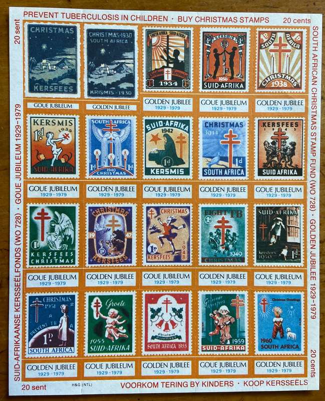CHRISTMAS STAMPS SHEET GOLDEN JUBILEE 1929-79 RSA KERSFEES PREVENT TB in CHILDREN 20c CINDERELLAS