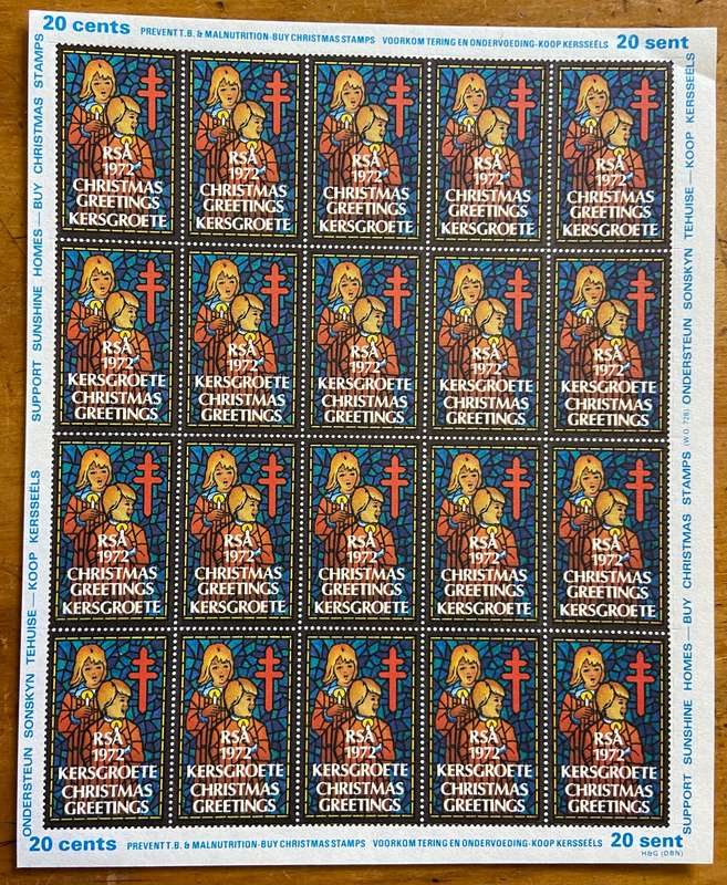 CHRISTMAS GREETINGS STAMPS SHEET RSA KERSGROETE 1972 PREVENT TB MALNUTRITION SUPPORT SUNSHINE HOMES