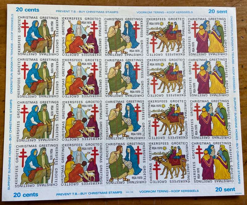 CHRISTMAS GREETINGS STAMPS SHEET RSA KERSGROETE 1970 PREVENT TB SUPPORT SUNSHINE HOMES nativity