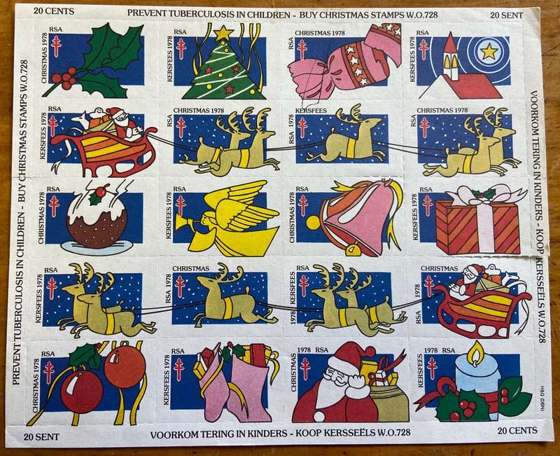 CHRISTMAS STAMPS SHEET RSA KERSFEES 1978 PREVENT TB in CHILDREN 20c CINDERELLAS REINDEER SLEIGH BELL