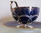 1908 ANTIQUE MINTONS Tea Cup & Saucer with Sterling Silver Holder & Handle - RARE!