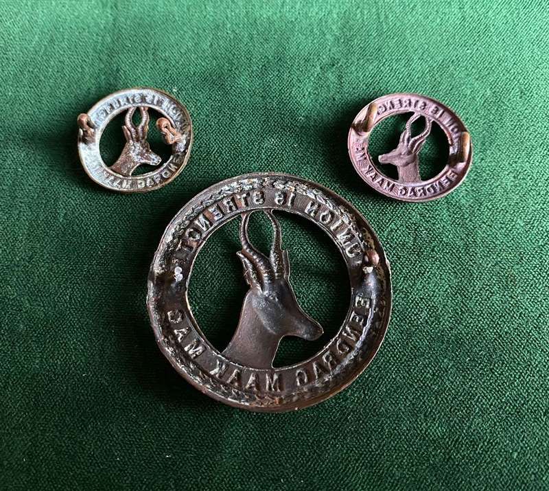 UNION DEFENCE FORCE GENERAL SERVICE BRASS HELMET BADGE-WORN 1940-45-SOLD WITH 2 COLLARS-ONE LUG MISS