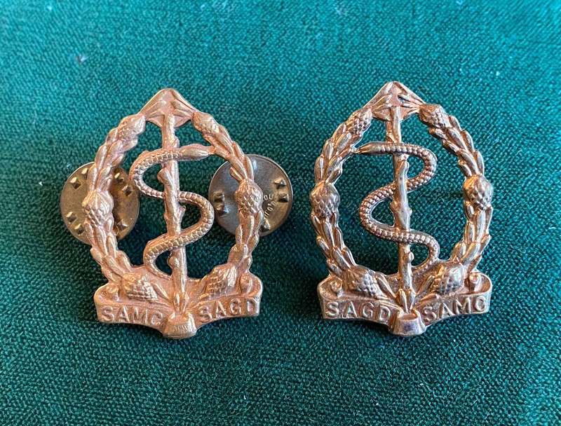 SA MEDICAL CORPS GILT COLLAR BADGE PAIR-PINS INTACT