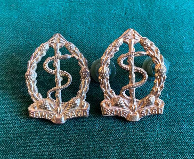 SA MEDICAL CORPS BRASS COLLAR BADGE PAIR-WORN PRIOR TO 1983-PINS INTACT