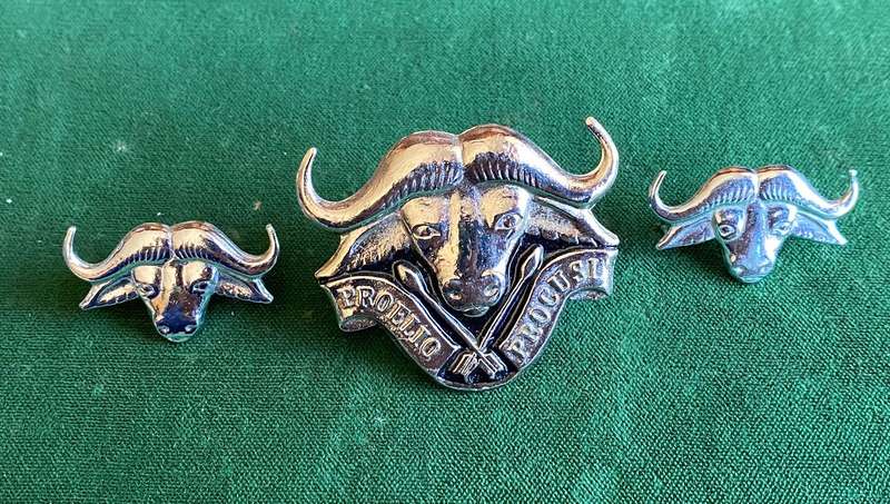 32 BATTALION CHROMED AND ENAMEL CAP BADGE AND 2X COLLARS-APPROVED IN 1977-ALL LUGS + PINS INTACT