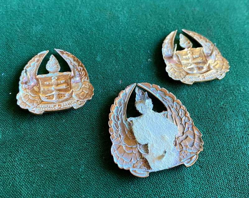 SA ARMY GYMNASIUM BERET AND COLLAR BADGES-BRASS-WORN 1950-1967-PINS INTACT