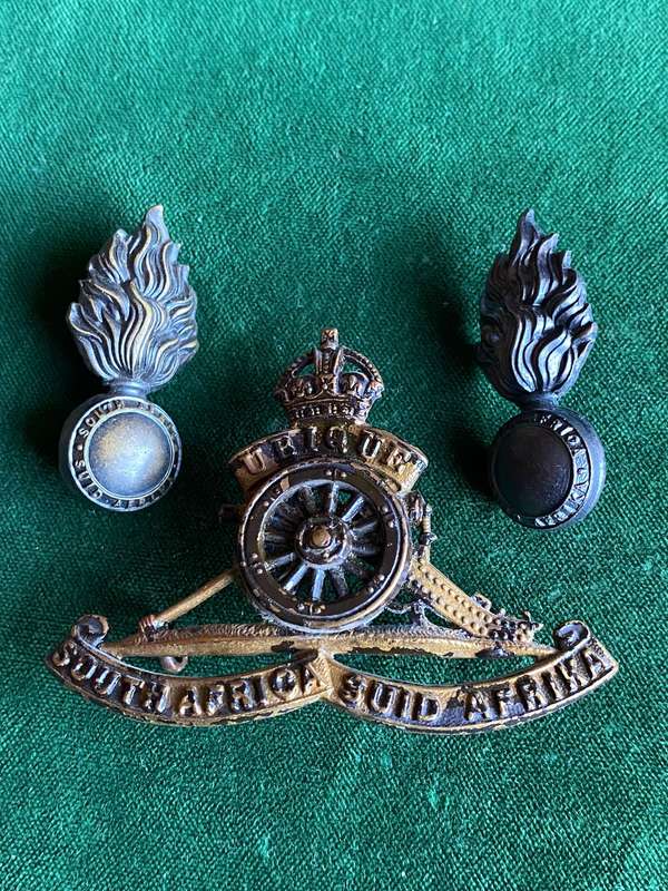 SA ARTILLERY BRONZE CAP AND COLLARS-WORN BY OFFICERS AND WO'S-1937-1959-LUGS INTACT